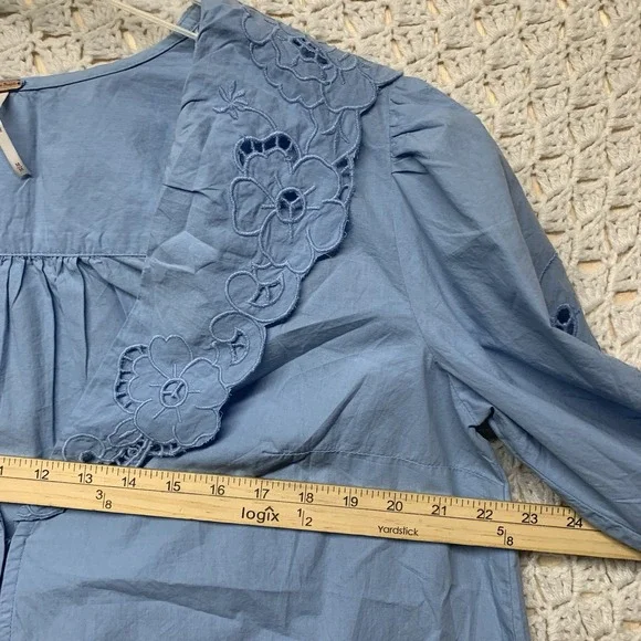 Free People Maisie Eyelet Blouson Top Women Sz M Blue Sleeve 100%Cotton - Picture 8 of 14
